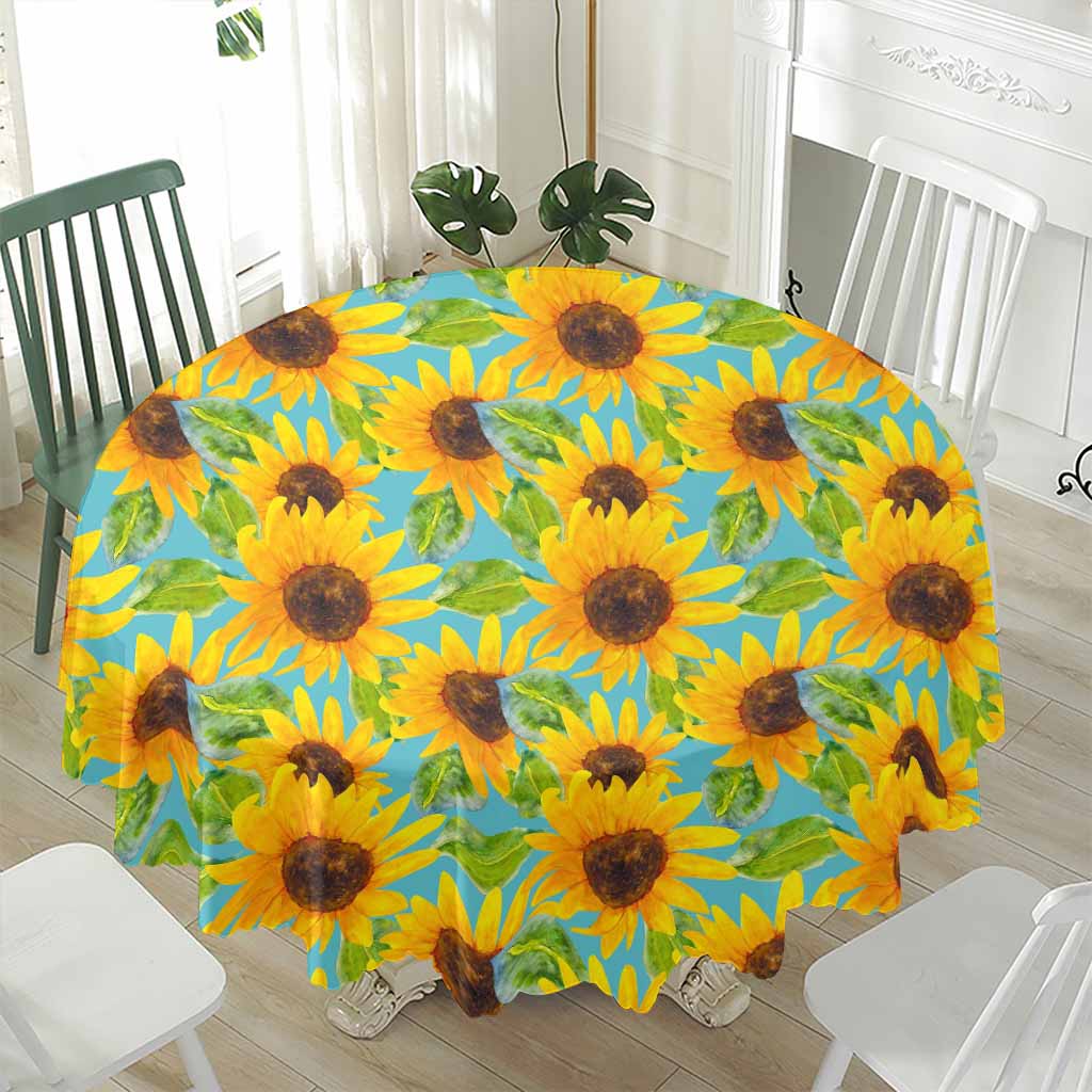 Blue Watercolor Sunflower Pattern Print Waterproof Round Tablecloth