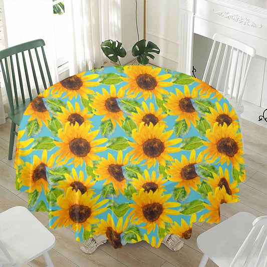 Blue Watercolor Sunflower Pattern Print Waterproof Round Tablecloth
