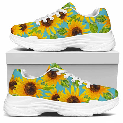 Blue Watercolor Sunflower Pattern Print White Chunky Shoes