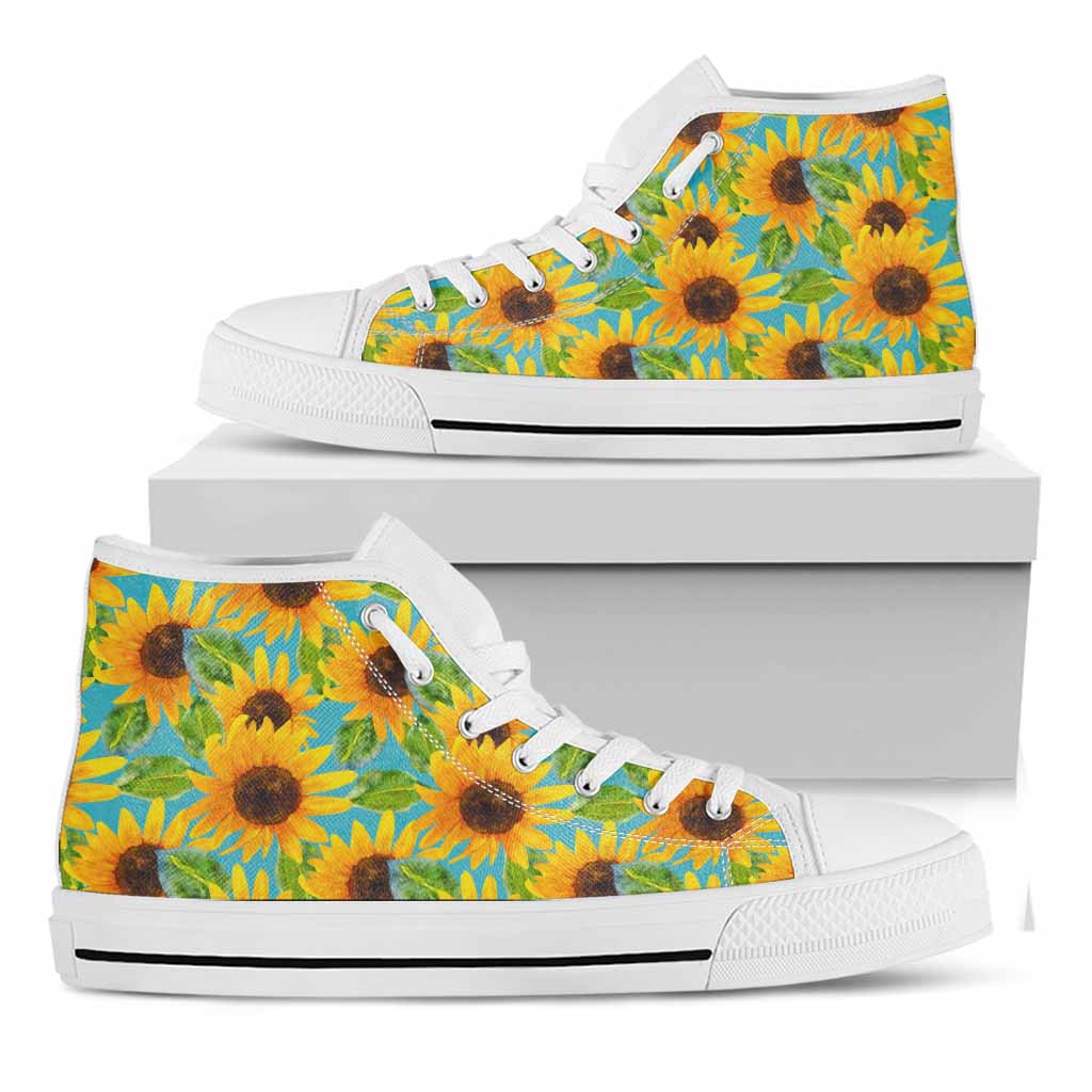 Blue Watercolor Sunflower Pattern Print White High Top Sneakers