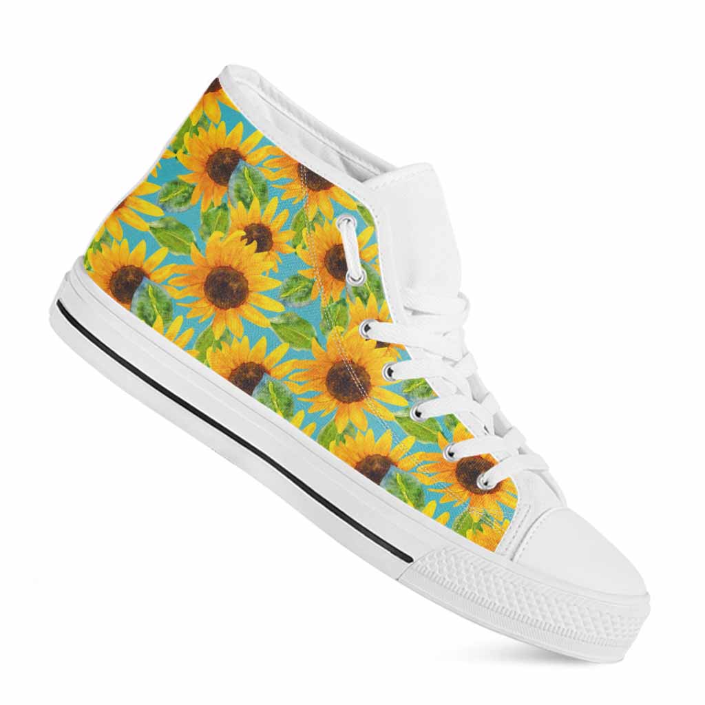 Blue Watercolor Sunflower Pattern Print White High Top Sneakers