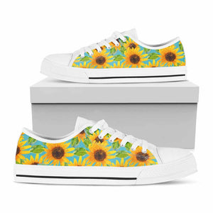 Blue Watercolor Sunflower Pattern Print White Low Top Sneakers