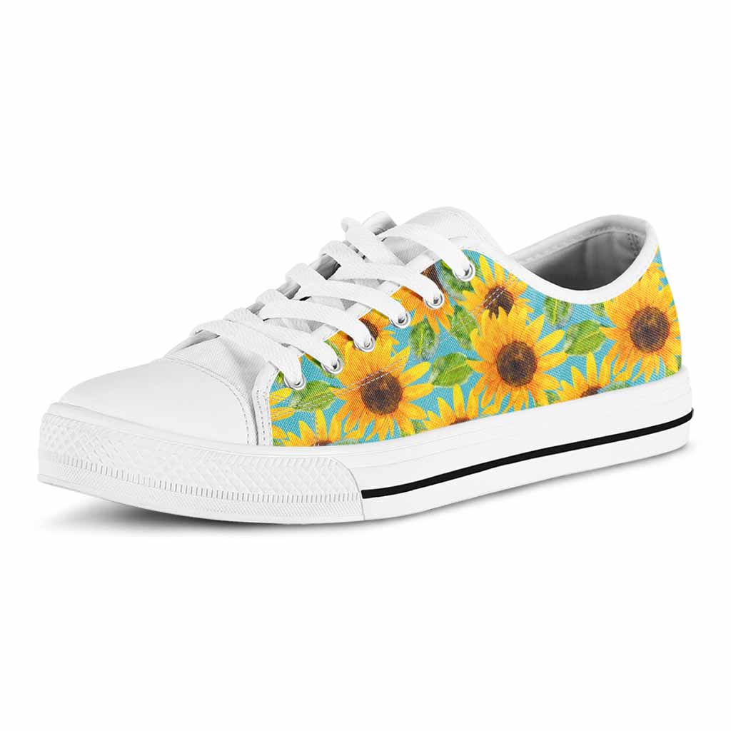 Blue Watercolor Sunflower Pattern Print White Low Top Sneakers
