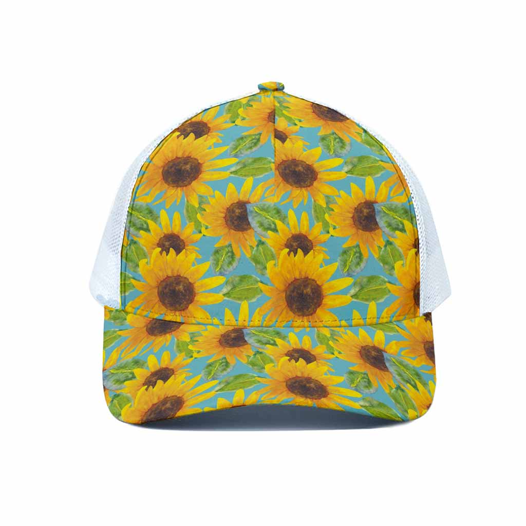 Blue Watercolor Sunflower Pattern Print White Mesh Trucker Cap