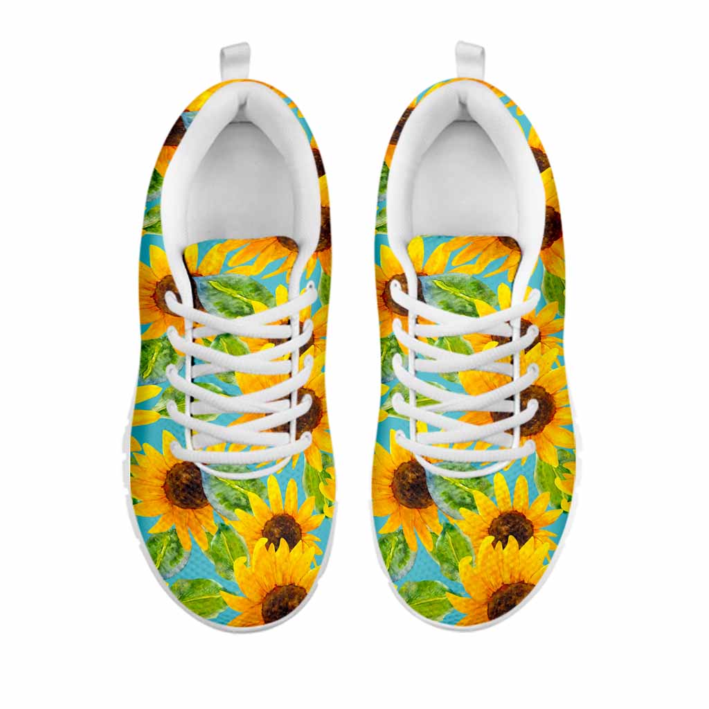Blue Watercolor Sunflower Pattern Print White Running Shoes