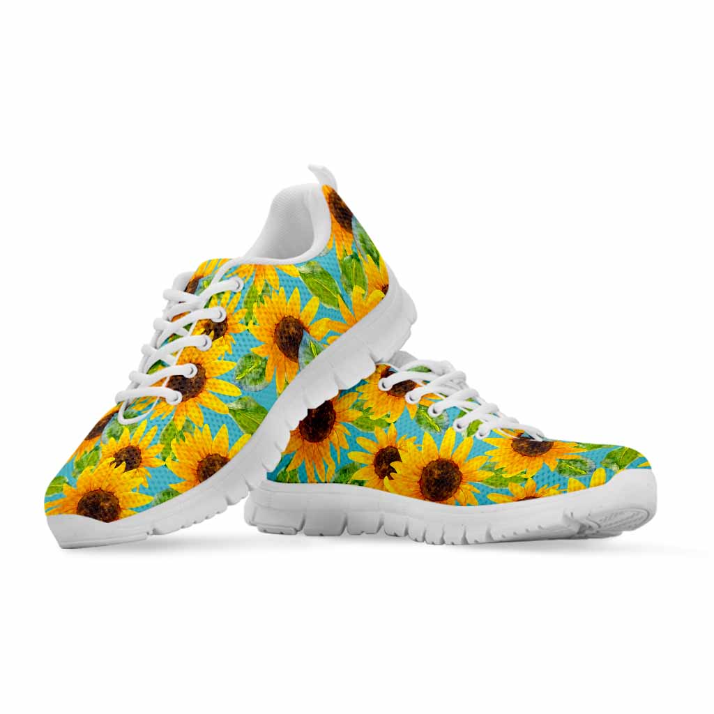 Blue Watercolor Sunflower Pattern Print White Running Shoes