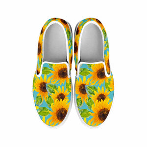 Blue Watercolor Sunflower Pattern Print White Slip On Sneakers