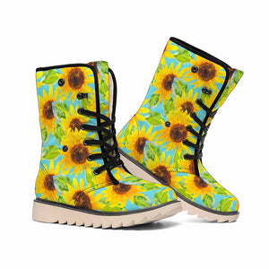 Blue Watercolor Sunflower Pattern Print Winter Boots