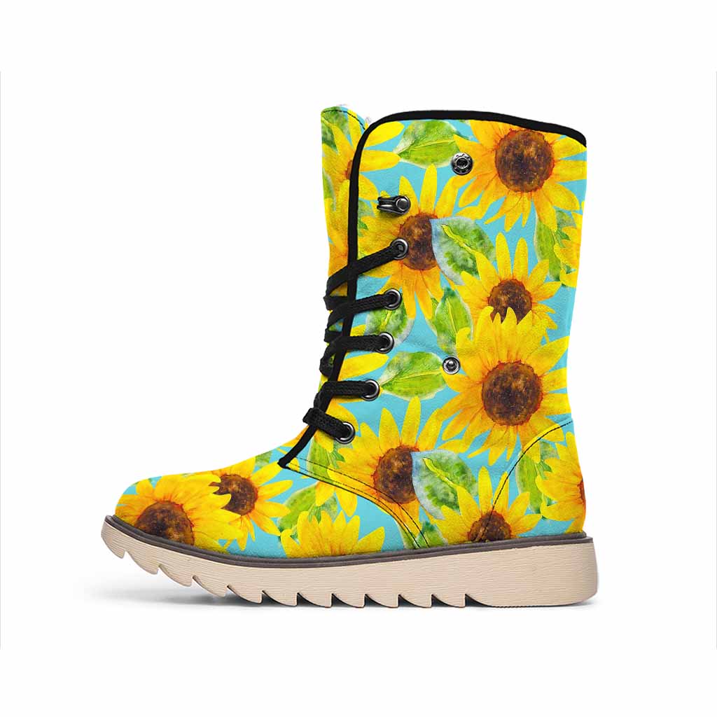 Blue Watercolor Sunflower Pattern Print Winter Boots
