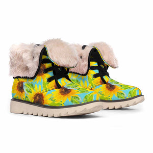 Blue Watercolor Sunflower Pattern Print Winter Boots