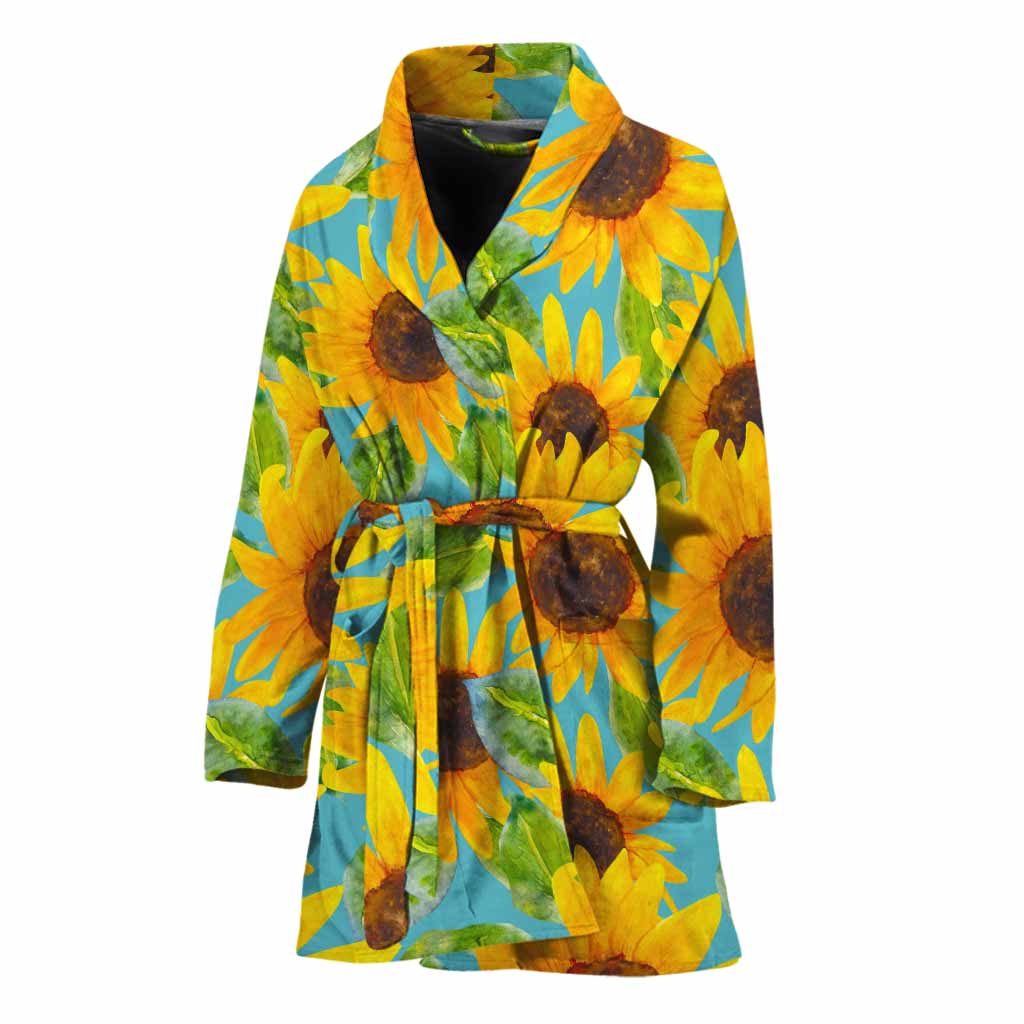 Blue Watercolor Sunflower Pattern Print Women's Bathrobe