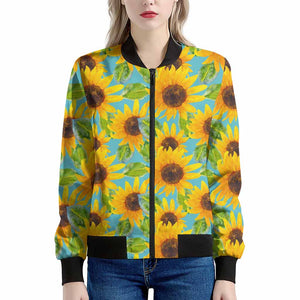 Blue Watercolor Sunflower Pattern Print Women's Bomber Jacket