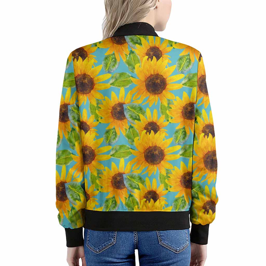 Blue Watercolor Sunflower Pattern Print Women's Bomber Jacket