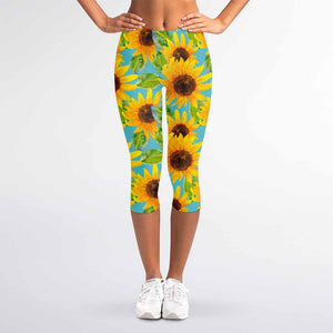 Blue Watercolor Sunflower Pattern Print Women's Capri Leggings