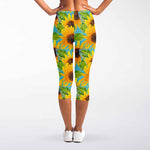 Blue Watercolor Sunflower Pattern Print Women's Capri Leggings