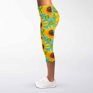 Blue Watercolor Sunflower Pattern Print Women's Capri Leggings