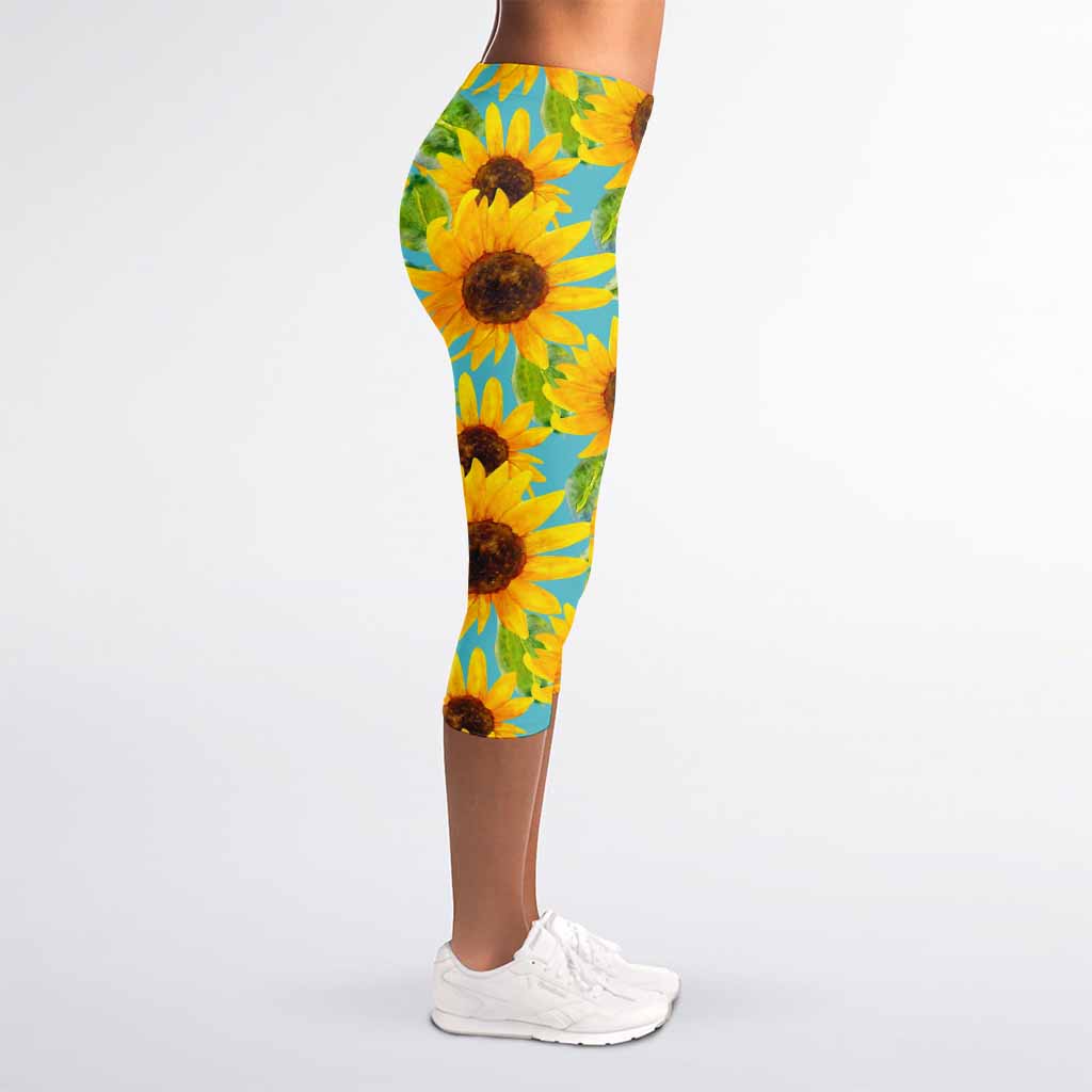 Blue Watercolor Sunflower Pattern Print Women's Capri Leggings