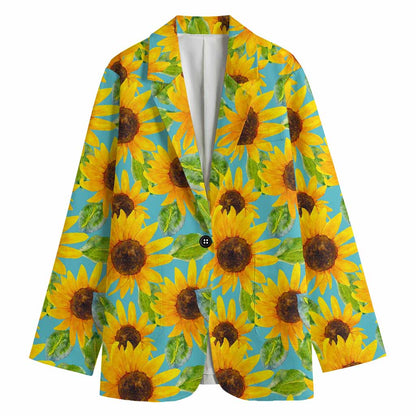 Blue Watercolor Sunflower Pattern Print Women's Cotton Blazer