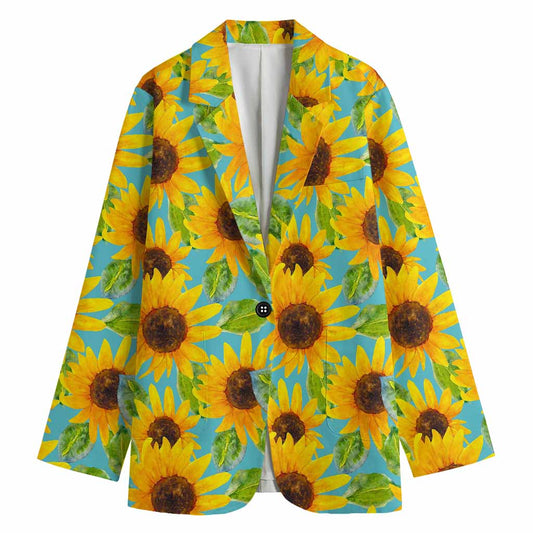 Blue Watercolor Sunflower Pattern Print Women's Cotton Blazer