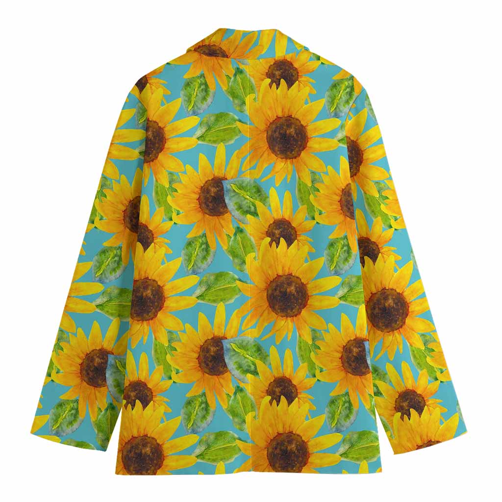 Blue Watercolor Sunflower Pattern Print Women's Cotton Blazer