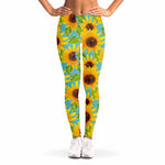 Blue Watercolor Sunflower Pattern Print Women's Leggings