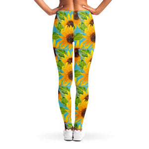 Blue Watercolor Sunflower Pattern Print Women's Leggings