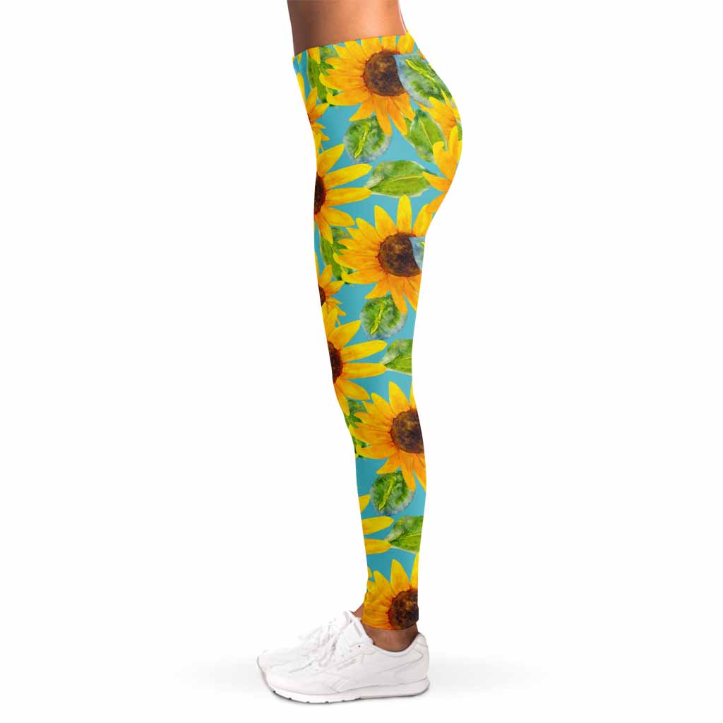 Blue Watercolor Sunflower Pattern Print Women's Leggings