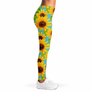 Blue Watercolor Sunflower Pattern Print Women's Leggings