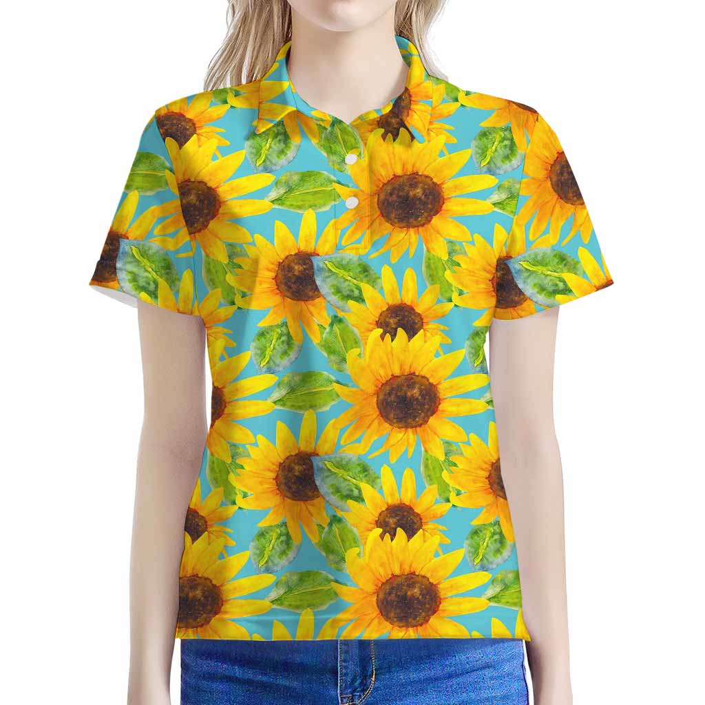 Blue Watercolor Sunflower Pattern Print Women's Polo Shirt