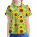 Blue Watercolor Sunflower Pattern Print Women's Polo Shirt