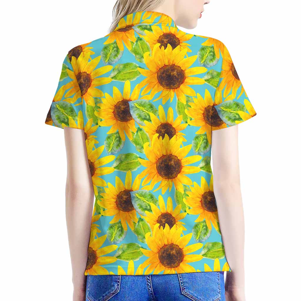 Blue Watercolor Sunflower Pattern Print Women's Polo Shirt