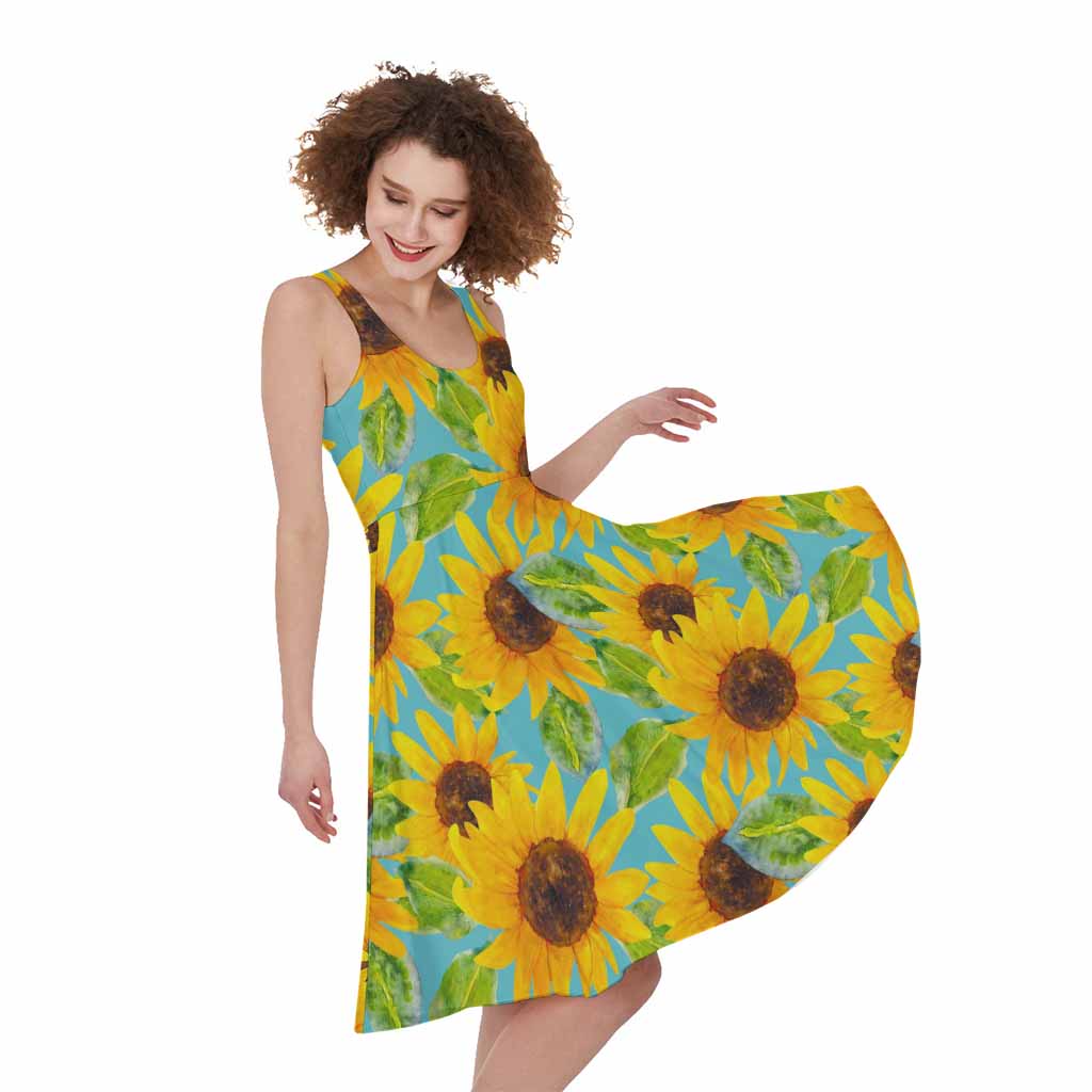 Blue Watercolor Sunflower Pattern Print Women's Sleeveless Dress