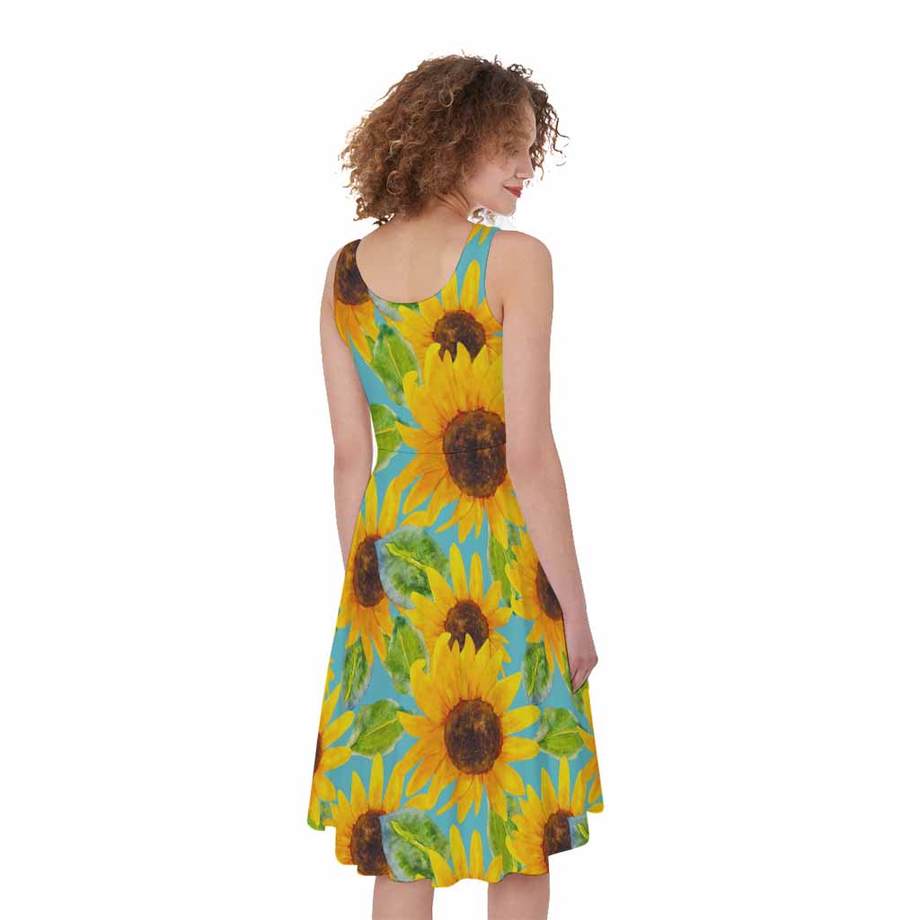 Blue Watercolor Sunflower Pattern Print Women's Sleeveless Dress