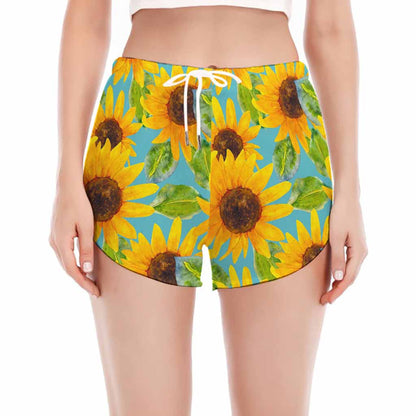 Blue Watercolor Sunflower Pattern Print Women's Split Running Shorts