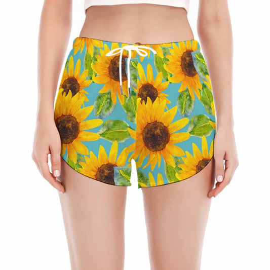 Blue Watercolor Sunflower Pattern Print Women's Split Running Shorts