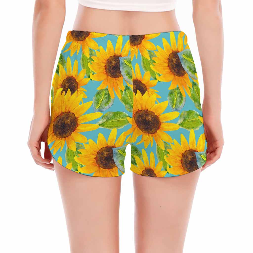 Blue Watercolor Sunflower Pattern Print Women's Split Running Shorts