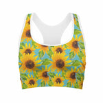 Blue Watercolor Sunflower Pattern Print Women's Sports Bra