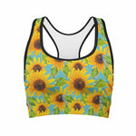 Blue Watercolor Sunflower Pattern Print Women's Sports Bra