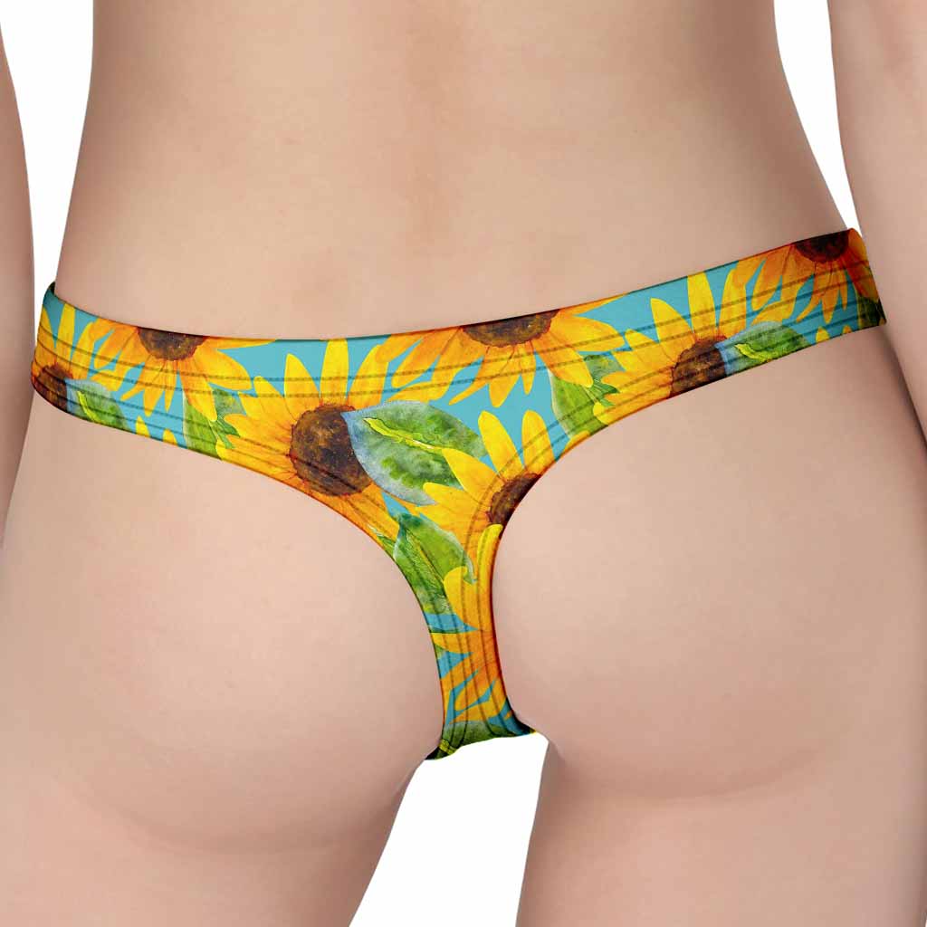 Blue Watercolor Sunflower Pattern Print Women's Thong