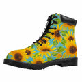 Blue Watercolor Sunflower Pattern Print Padded Collar Lace Up Boots