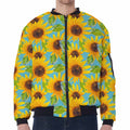 Blue Watercolor Sunflower Pattern Print Zip Sleeve Bomber Jacket