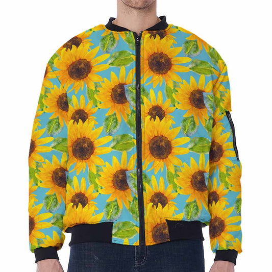 Blue Watercolor Sunflower Pattern Print Zip Sleeve Bomber Jacket