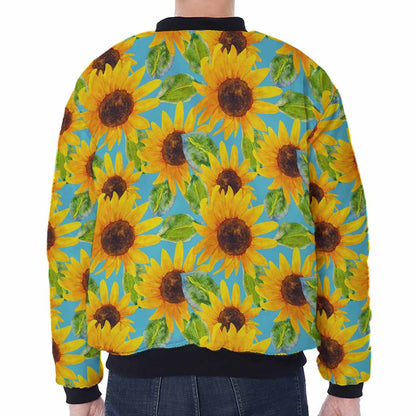 Blue Watercolor Sunflower Pattern Print Zip Sleeve Bomber Jacket