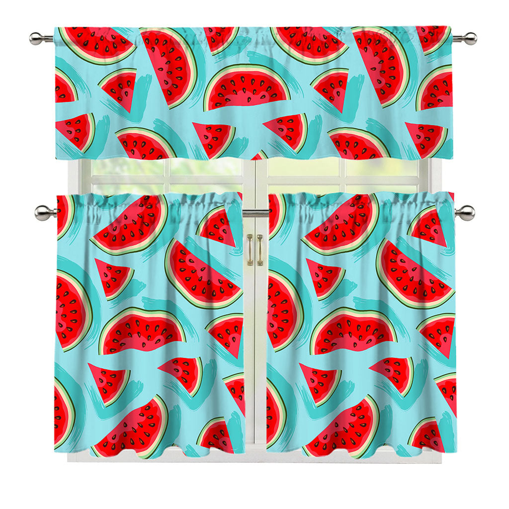 Blue Watermelon Pieces Pattern Print 3 Piece Kitchen Curtains