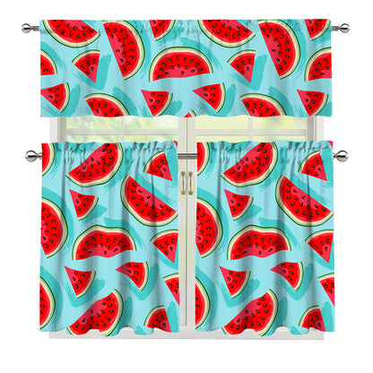Blue Watermelon Pieces Pattern Print 3 Piece Kitchen Curtains