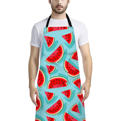 Blue Watermelon Pieces Pattern Print Bib Apron With Pocket