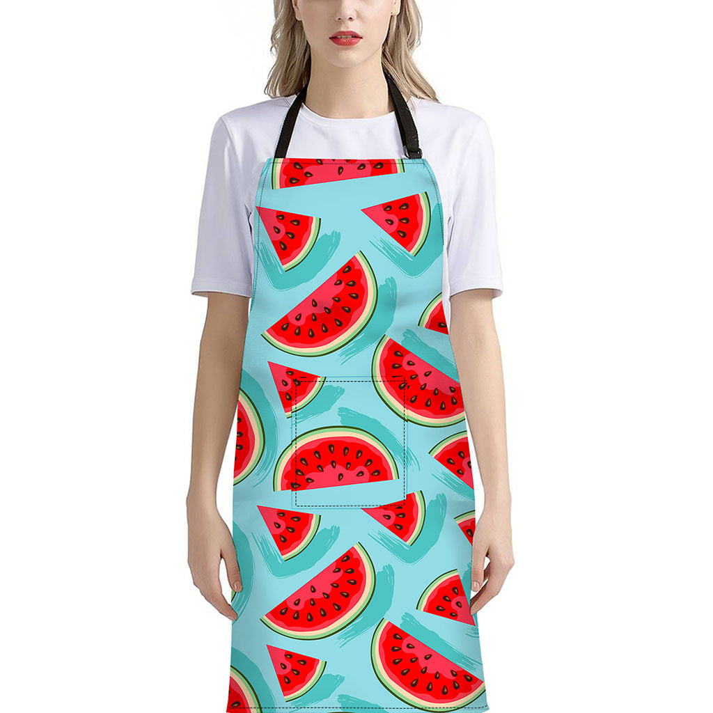 Blue Watermelon Pieces Pattern Print Bib Apron With Pocket
