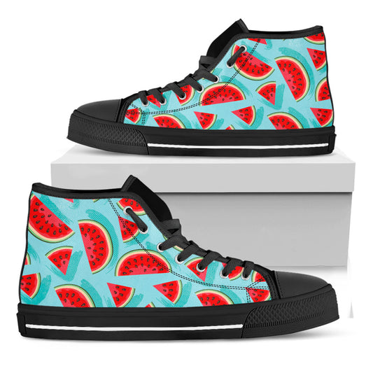 Blue Watermelon Pieces Pattern Print Black High Top Sneakers