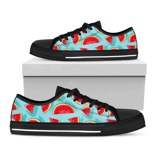 Blue Watermelon Pieces Pattern Print Black Low Top Sneakers
