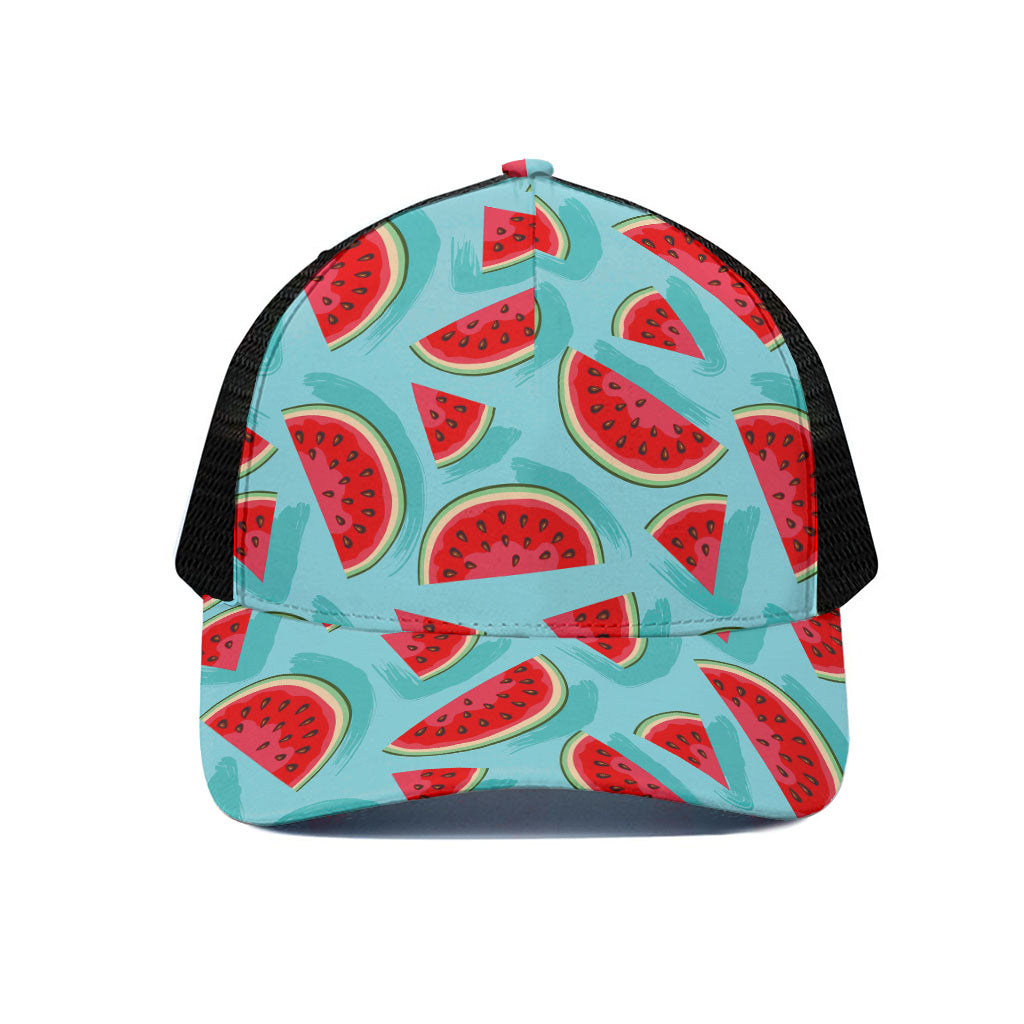 Blue Watermelon Pieces Pattern Print Black Mesh Trucker Cap